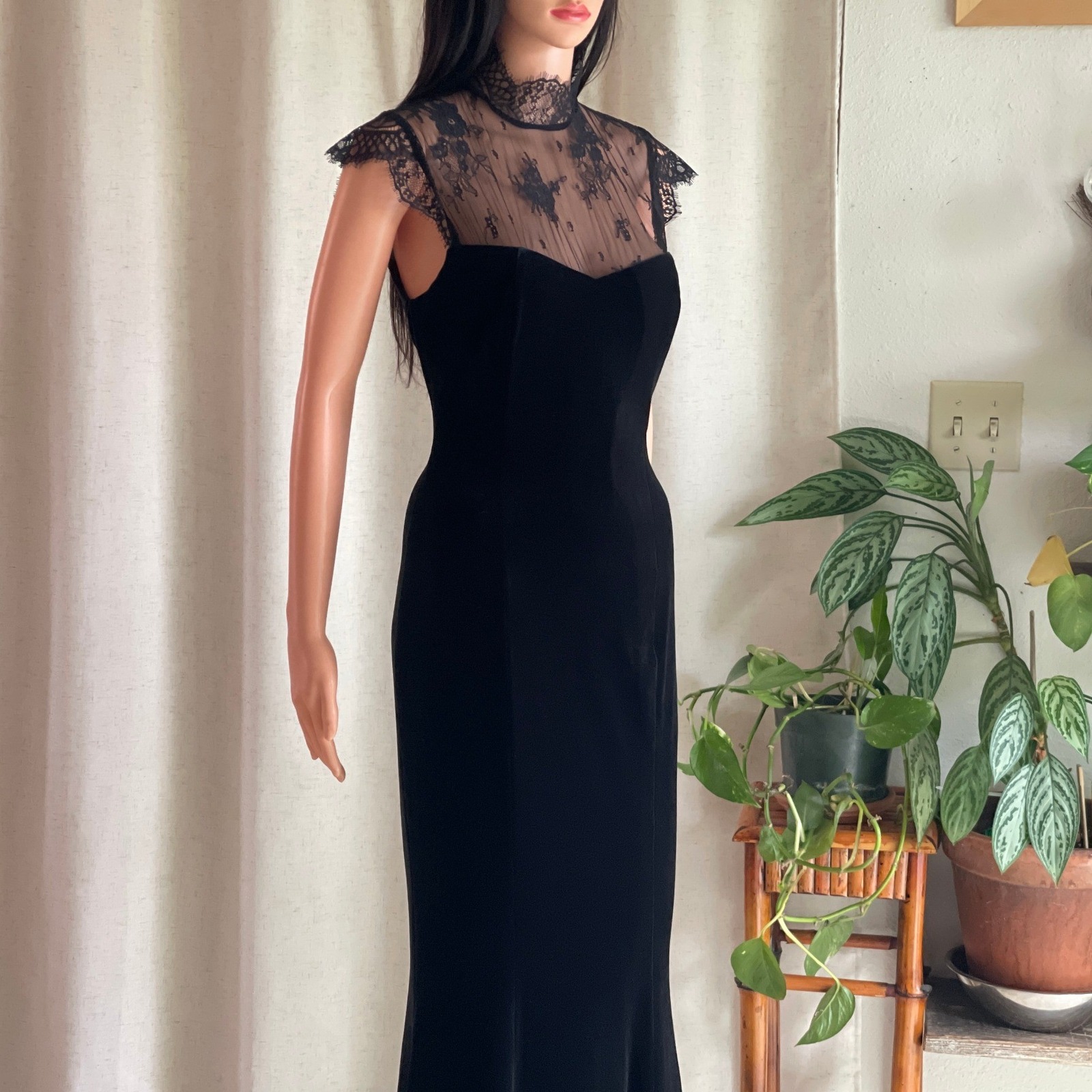 Nwot Anthropologie Bhldn Mock Neck Lace Stretch Velvet Maxi Dress Black Gown S